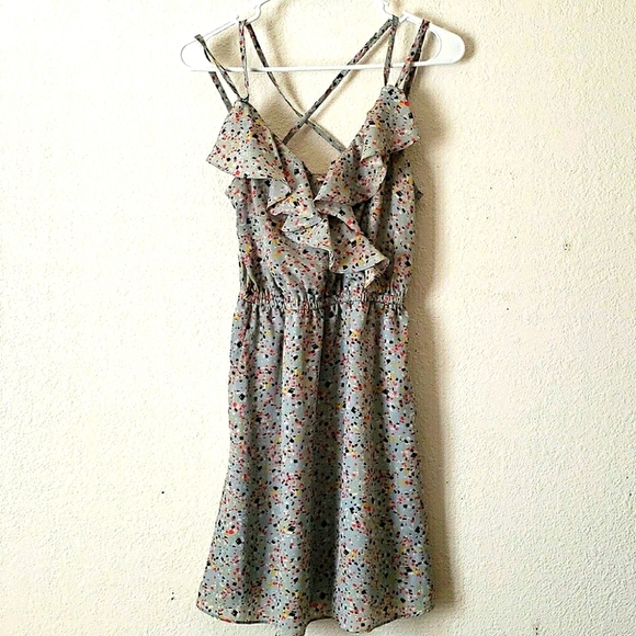 BCBG Grey/Blue Confetti Splashed Cross Front Mini Dress Size XS - Picture 1 of 10